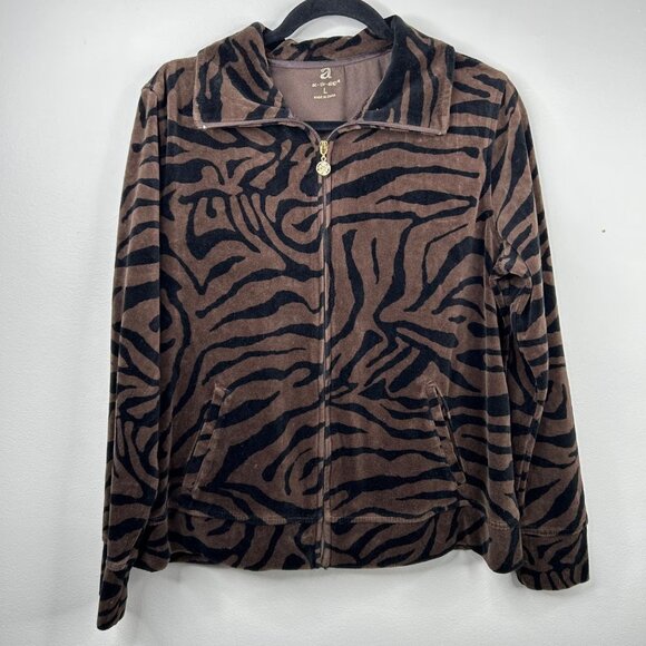 Y2K Brown zebra stripped velour zip up size large - Picture 1 of 5